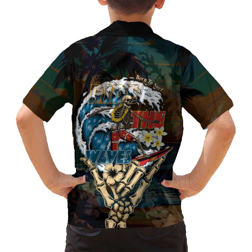 Aloha Hawaii Surfing Skull Family Matching Off Shoulder Short Dress and Hawaiian Shirt Shaka Skeleton Ride The Waves LT14 - Polynesian Pride