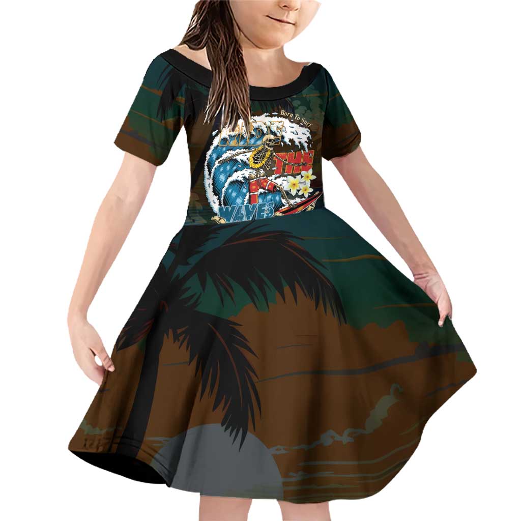 Aloha Hawaii Surfing Skull Family Matching Off Shoulder Short Dress and Hawaiian Shirt Shaka Skeleton Ride The Waves LT14 Daughter's Dress Black - Polynesian Pride