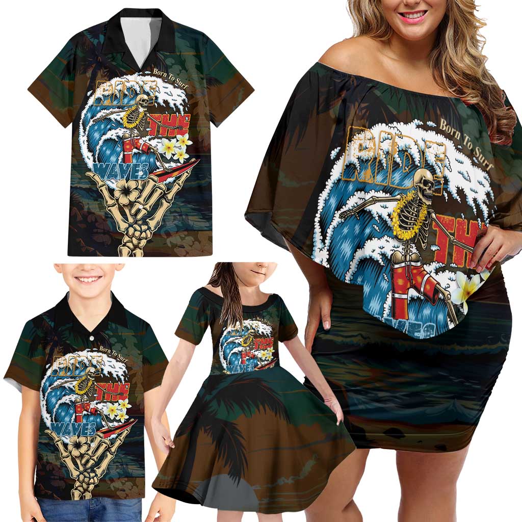 Aloha Hawaii Surfing Skull Family Matching Off Shoulder Short Dress and Hawaiian Shirt Shaka Skeleton Ride The Waves LT14 - Polynesian Pride