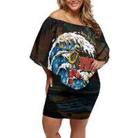Aloha Hawaii Surfing Skull Family Matching Off Shoulder Short Dress and Hawaiian Shirt Shaka Skeleton Ride The Waves LT14 Mom's Dress Black - Polynesian Pride