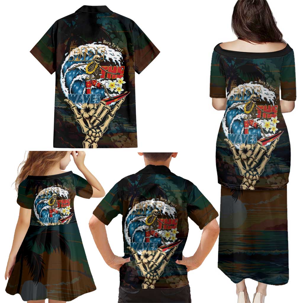 Aloha Hawaii Surfing Skull Family Matching Puletasi and Hawaiian Shirt Shaka Skeleton Ride The Waves LT14 - Polynesian Pride
