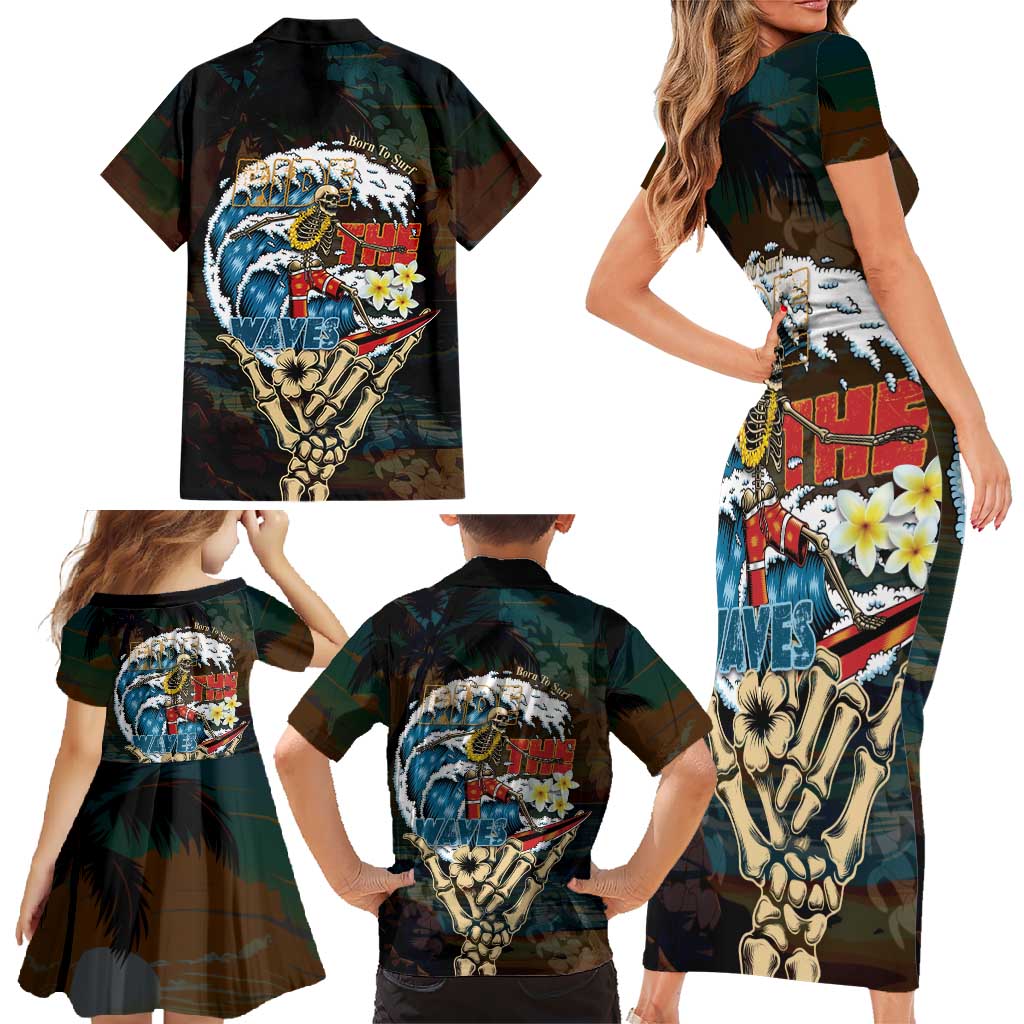 Aloha Hawaii Surfing Skull Family Matching Short Sleeve Bodycon Dress and Hawaiian Shirt Shaka Skeleton Ride The Waves LT14 - Polynesian Pride