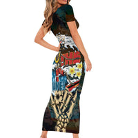 Aloha Hawaii Surfing Skull Family Matching Short Sleeve Bodycon Dress and Hawaiian Shirt Shaka Skeleton Ride The Waves LT14 - Polynesian Pride