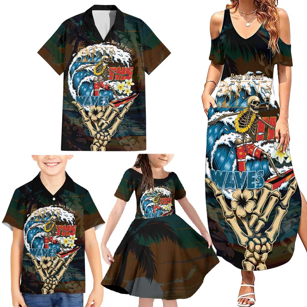 Aloha Hawaii Surfing Skull Family Matching Summer Maxi Dress and Hawaiian Shirt Shaka Skeleton Ride The Waves - Polynesian Pride