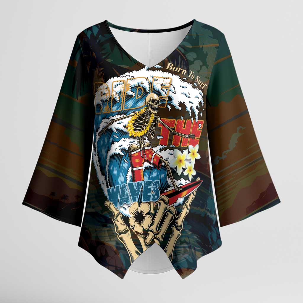 Aloha Hawaii Surfing Skull Kimono Sleeve Blouse Shaka Skeleton Ride The Waves - Polynesian Pride