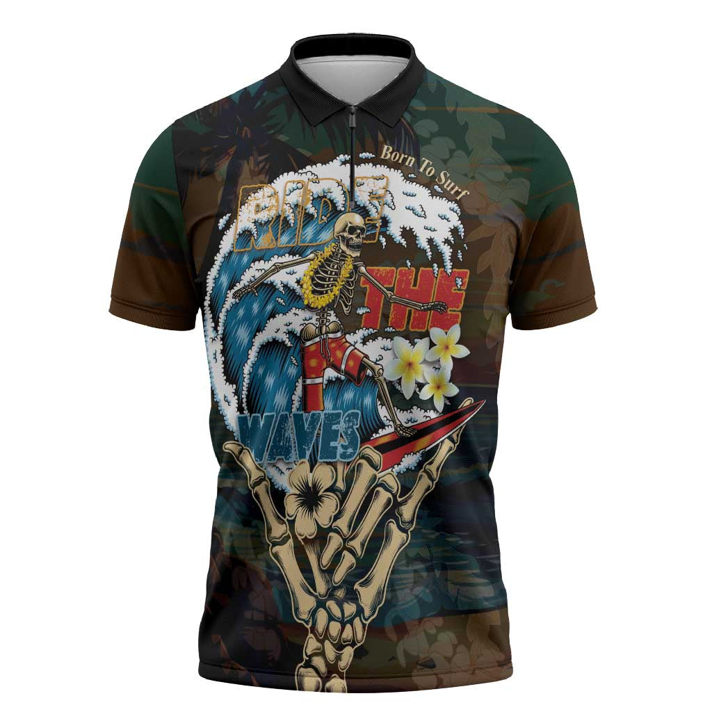 Aloha Hawaii Surfing Skull Zipper Polo Shirt Shaka Skeleton Ride The Waves - Polynesian Pride