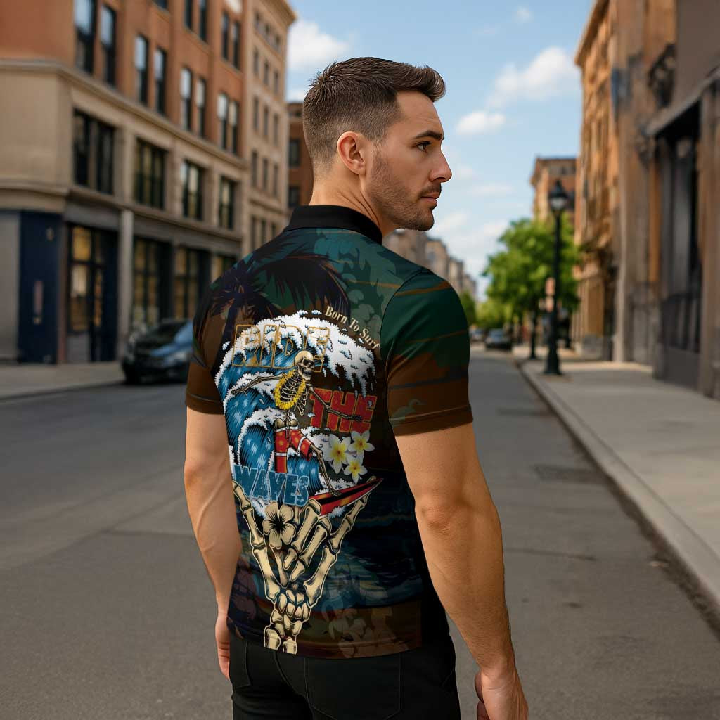 Aloha Hawaii Surfing Skull Zipper Polo Shirt Shaka Skeleton Ride The Waves - Polynesian Pride