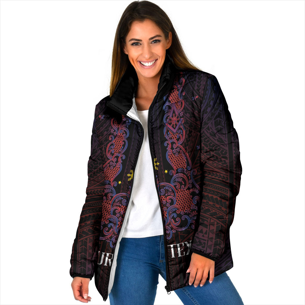 Personalised Philippines Barong Tagalog Freemasonry Padded Jacket Filipino Masonic Polynesian Pattern LT14 Women Black - Polynesian Pride