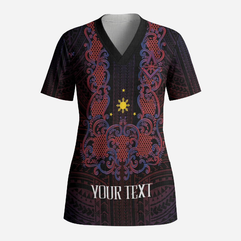 Personalised Philippines Barong Tagalog Freemasonry Scrub Top Filipino Masonic Polynesian Pattern LT14 Adult Black - Polynesian Pride