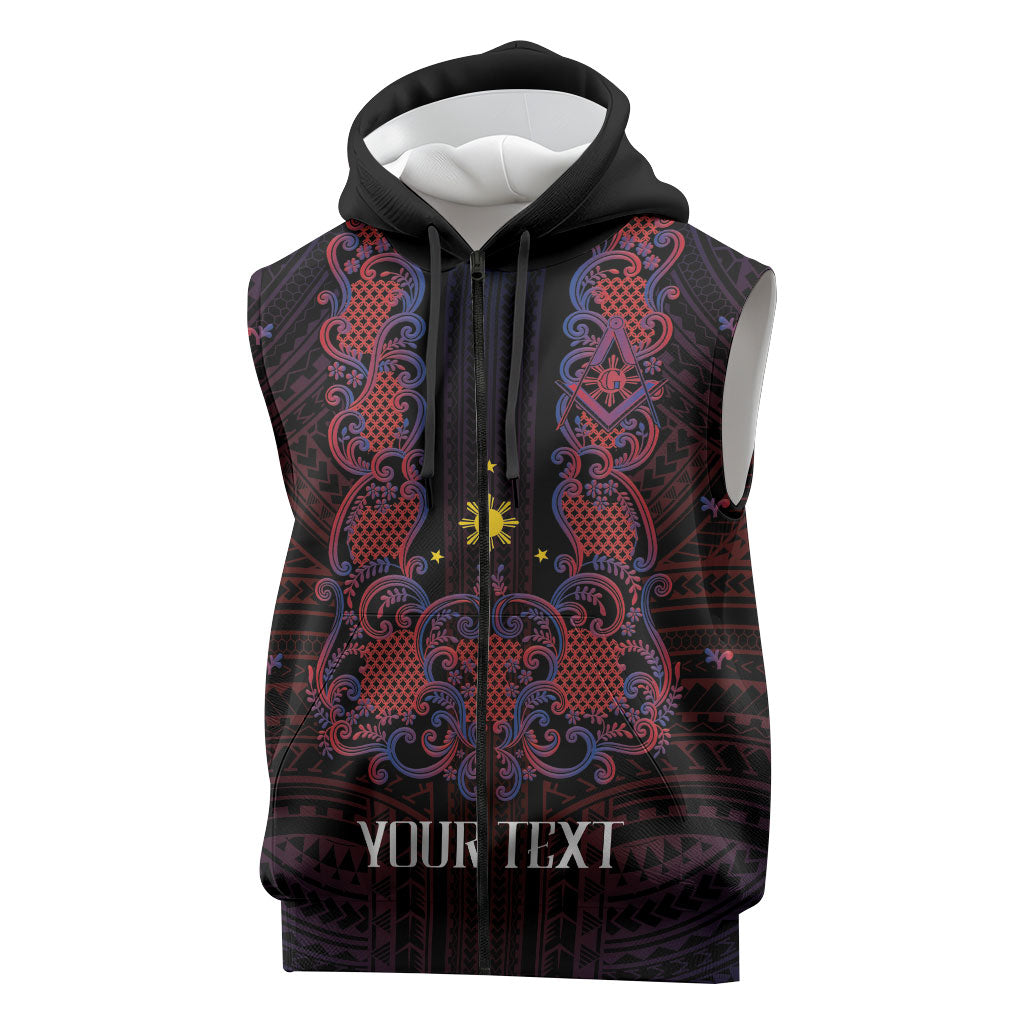 Personalised Philippines Barong Tagalog Freemasonry Sleeveless Zip Hoodie Filipino Masonic Polynesian Pattern LT14 Black - Polynesian Pride