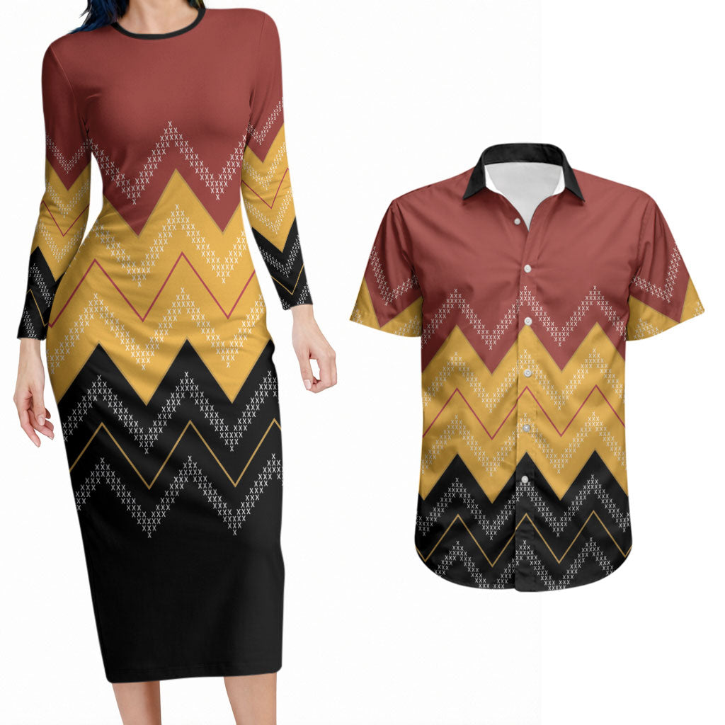 Kaokao Maori Tukutuku Inspired New Zealand Couples Matching Long Sleeve Bodycon Dress and Hawaiian Shirt LT14 Multicolor - Polynesian Pride