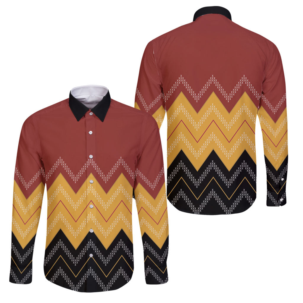 Kaokao Maori Tukutuku Inspired New Zealand Family Matching Off Shoulder Maxi Dress and Hawaiian Shirt LT14 Dad's Shirt - Long Sleeve Multicolor - Polynesian Pride