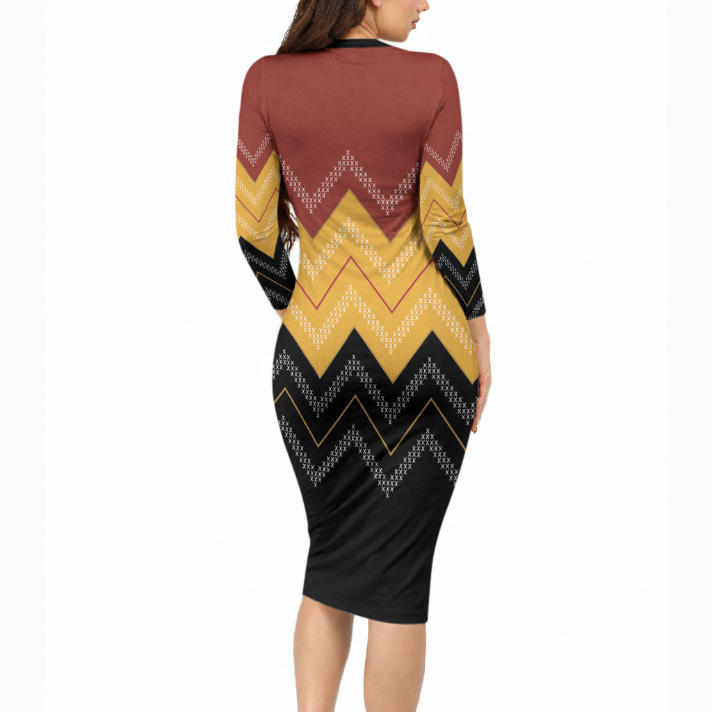 Kaokao Maori Tukutuku Inspired New Zealand Long Sleeve Bodycon Dress LT14 - Polynesian Pride