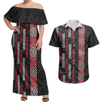 Roimata Toroa Maori Taniko Inspired New Zealand Couples Matching Off Shoulder Maxi Dress and Hawaiian Shirt