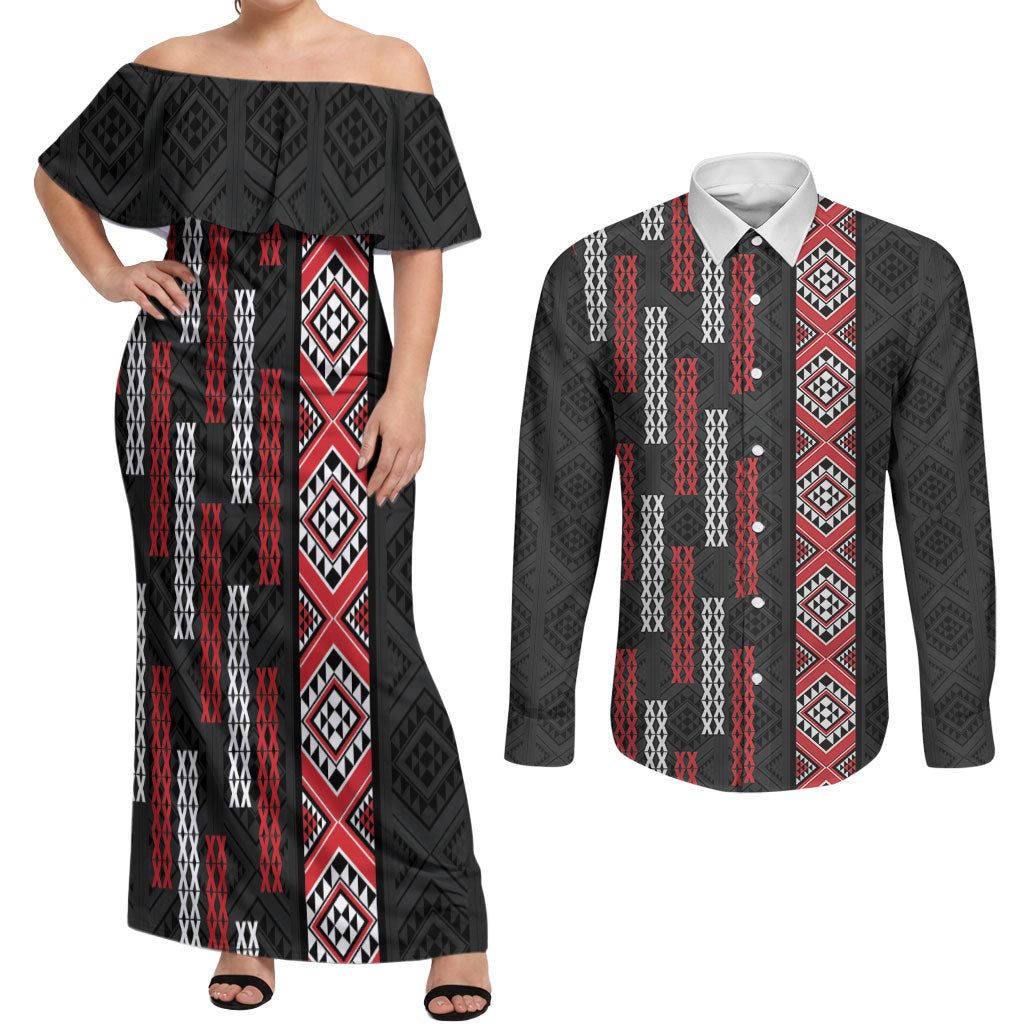 Roimata Toroa Maori Taniko Inspired New Zealand Couples Matching Off Shoulder Maxi Dress and Long Sleeve Button Shirt LT14 Black - Polynesian Pride