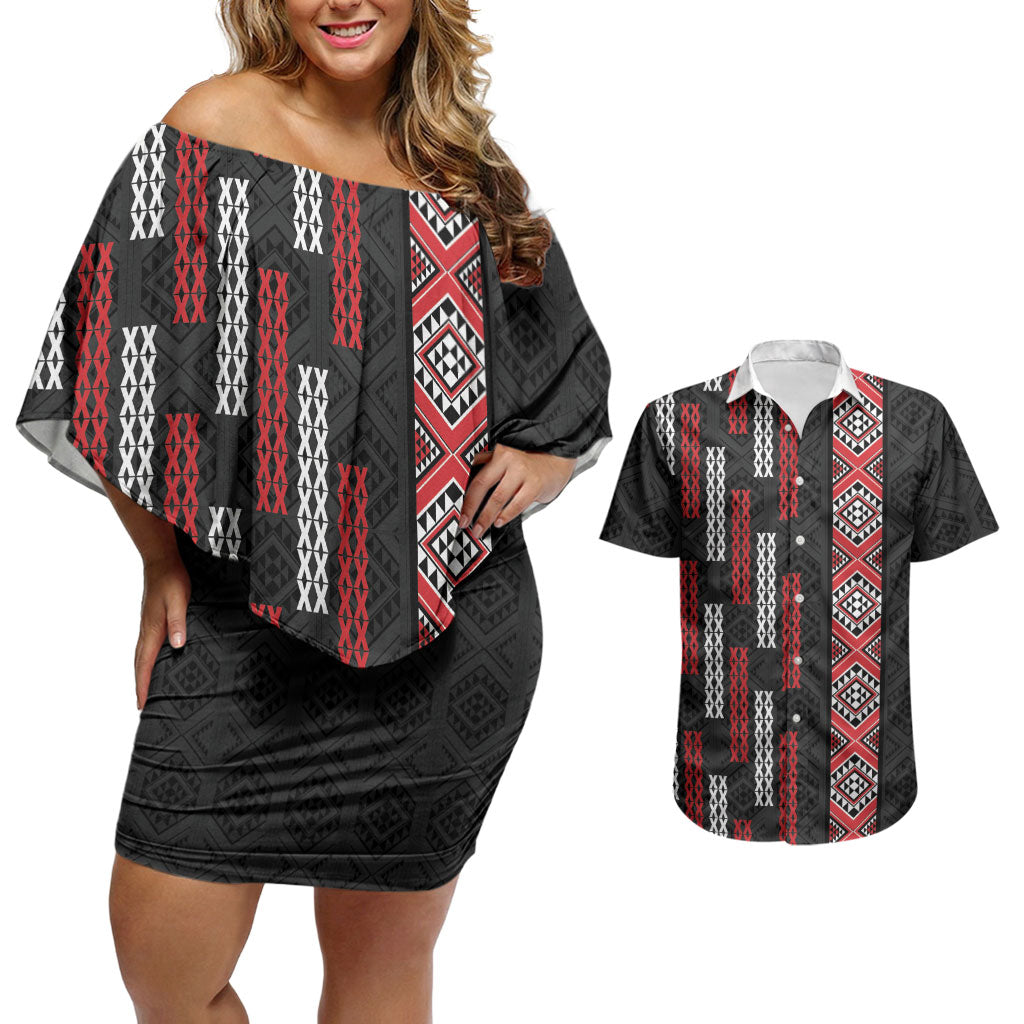 Roimata Toroa Maori Taniko Inspired New Zealand Couples Matching Off Shoulder Short Dress and Hawaiian Shirt LT14 Black - Polynesian Pride