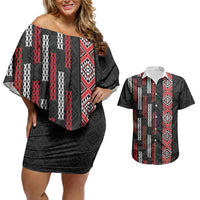 Roimata Toroa Maori Taniko Inspired New Zealand Couples Matching Off Shoulder Short Dress and Hawaiian Shirt LT14 Black - Polynesian Pride