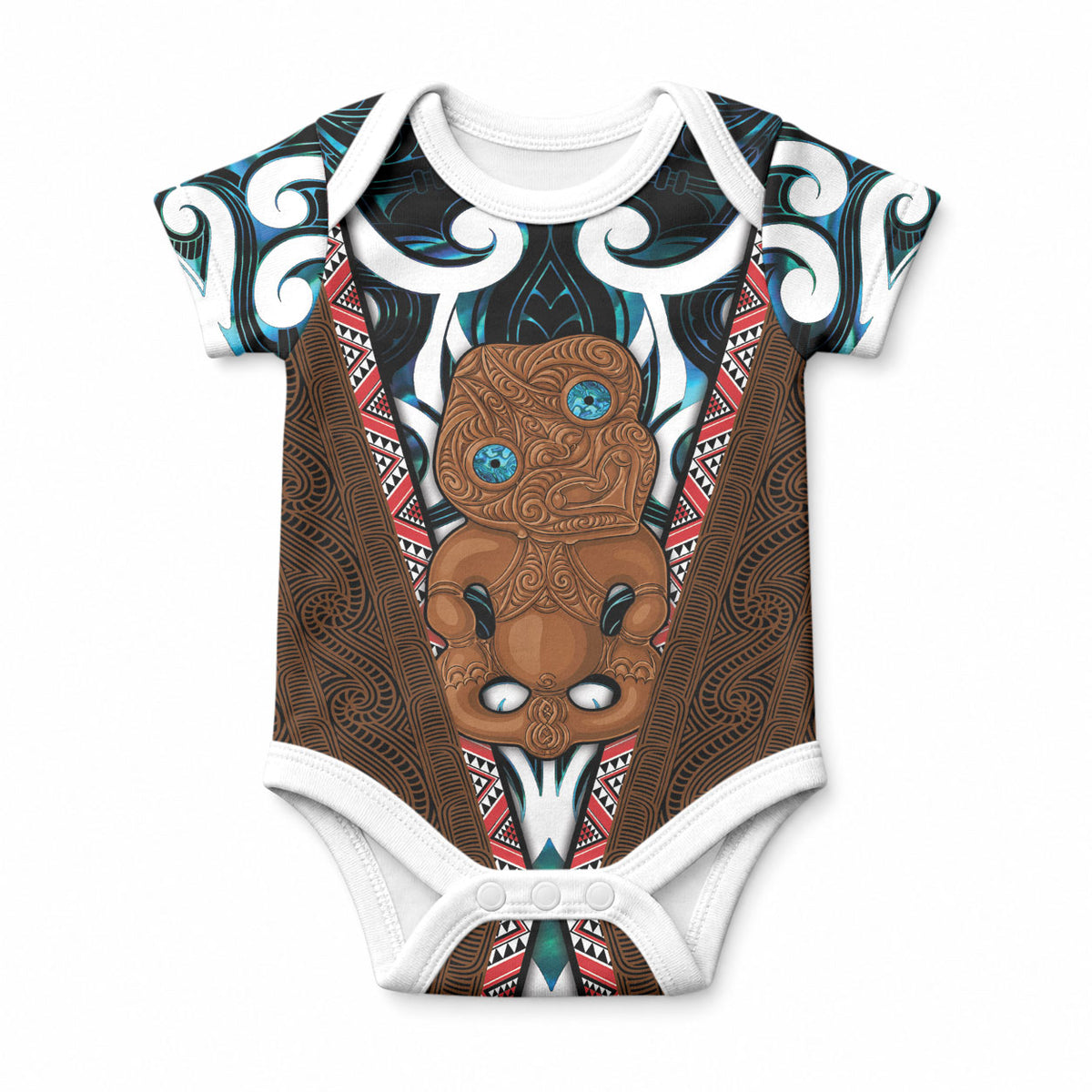 New Zealand Whakairo Baby Onesie Tiki Maori Carving Taniko Motifs