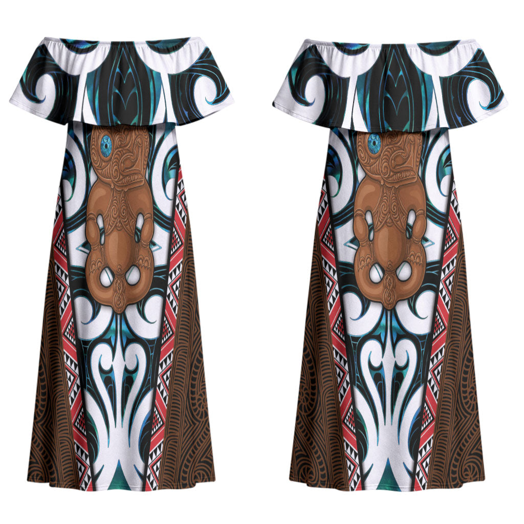 New Zealand Whakairo Couples Matching Off Shoulder Maxi Dress and Long Sleeve Button Shirt Tiki Maori Carving Taniko Motifs LT14 - Polynesian Pride
