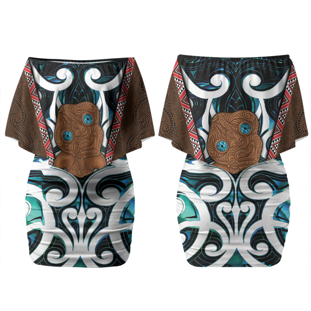 New Zealand Whakairo Couples Matching Off Shoulder Short Dress and Long Sleeve Button Shirt Tiki Maori Carving Taniko Motifs LT14 - Polynesian Pride