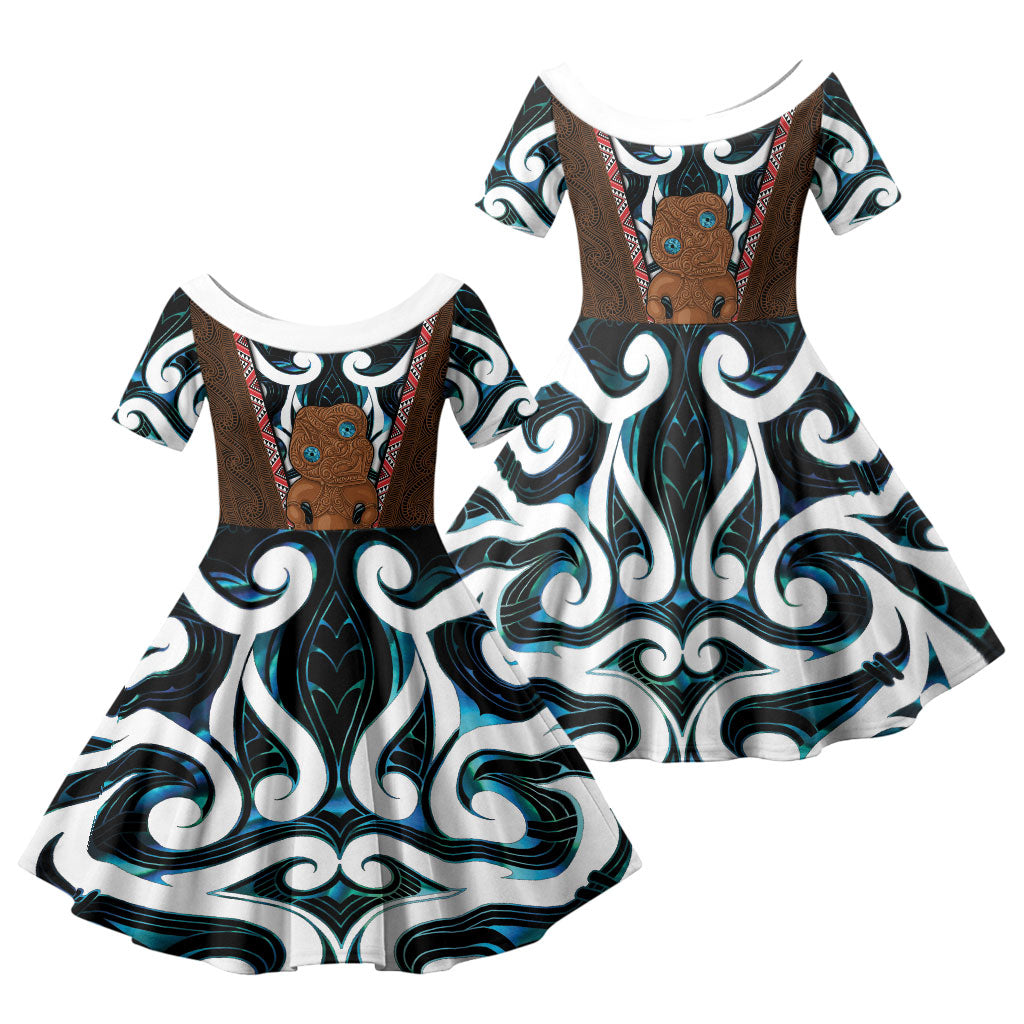 New Zealand Whakairo Family Matching Puletasi and Hawaiian Shirt Tiki Maori Carving Taniko Motifs LT14 Daughter's Dress Multicolor - Polynesian Pride