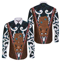 New Zealand Whakairo Family Matching Short Sleeve Bodycon Dress and Hawaiian Shirt Tiki Maori Carving Taniko Motifs LT14 Dad's Shirt - Long Sleeve Multicolor - Polynesian Pride