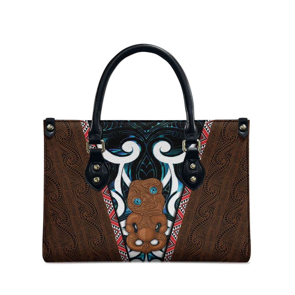 New Zealand Whakairo Leather Bag Tiki Maori Carving Taniko Motifs LT14 - Polynesian Pride