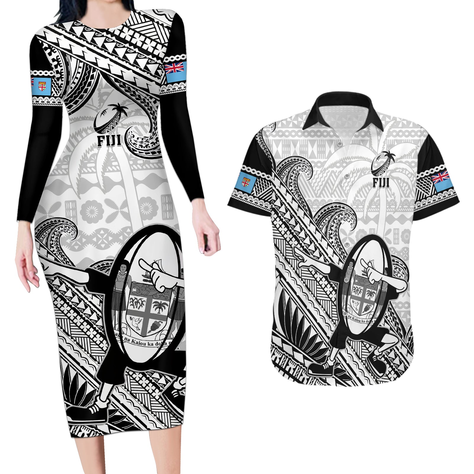 Fiji Tapa Rugby Couples Matching Long Sleeve Bodycon Dress and Hawaiian Shirt Flying Fijian 2023 World Cup With Dabbing Ball LT14 White - Polynesian Pride