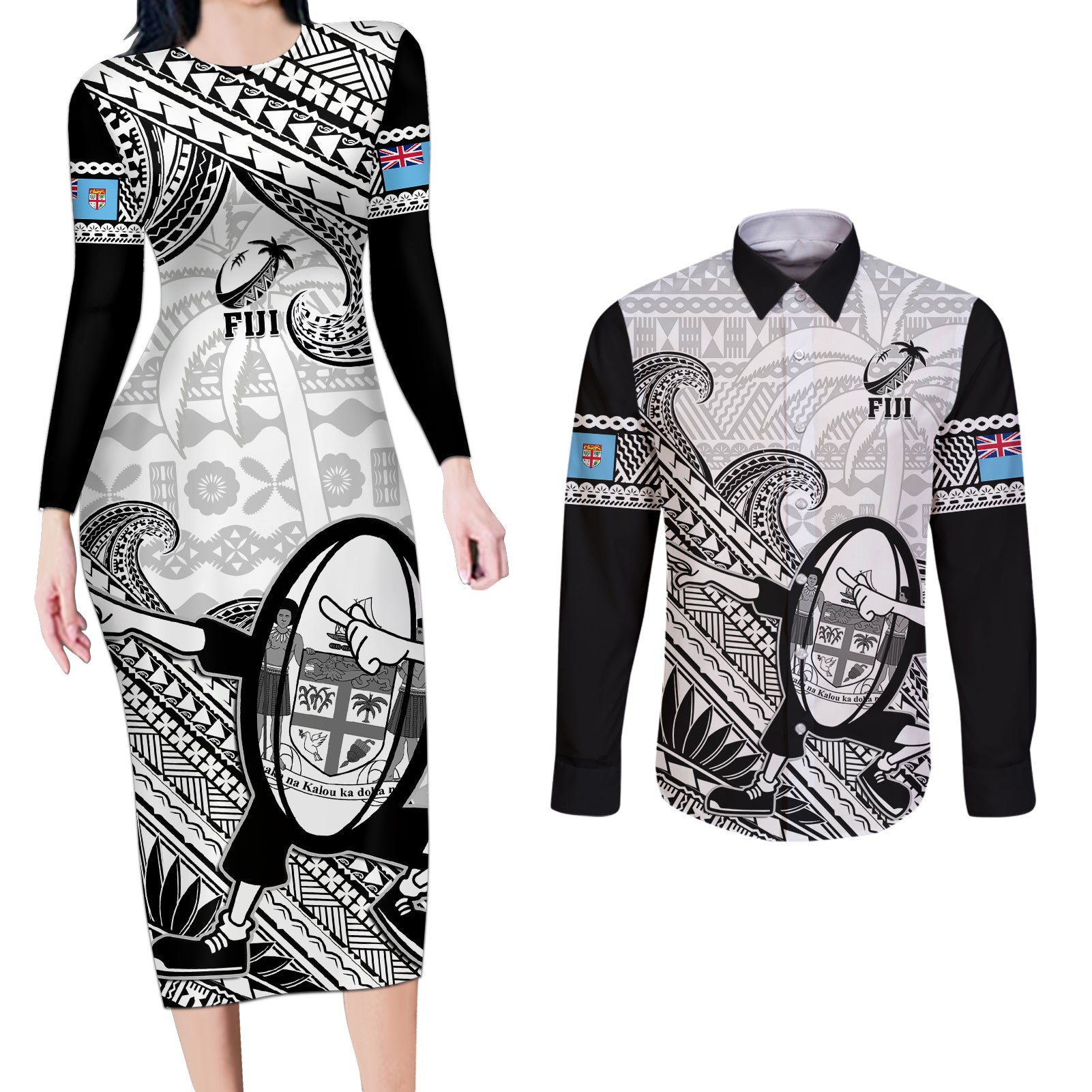 Fiji Tapa Rugby Couples Matching Long Sleeve Bodycon Dress and Long Sleeve Button Shirts Flying Fijian 2023 World Cup With Dabbing Ball LT14 White - Polynesian Pride