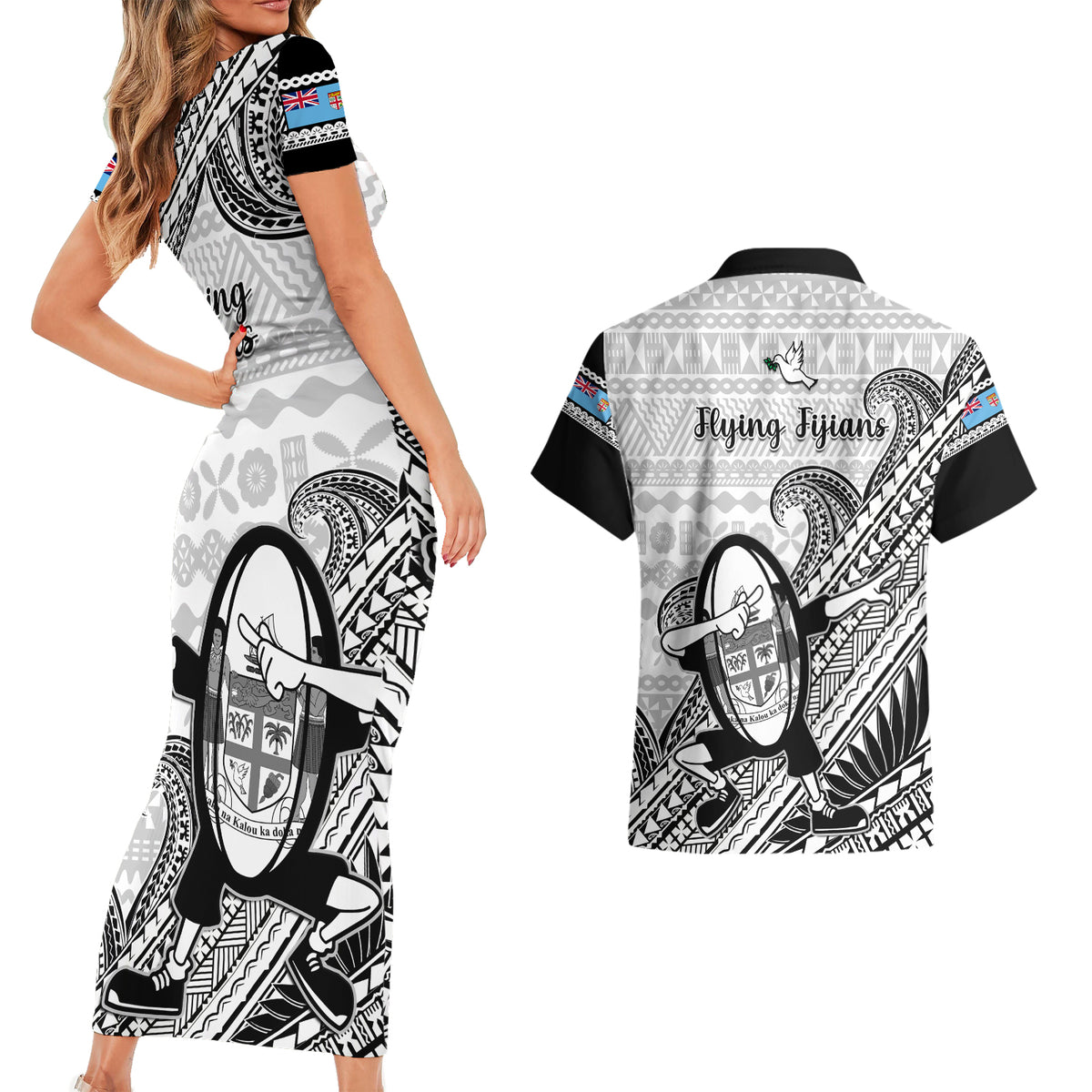 Fiji Tapa Rugby Couples Matching Short Sleeve Bodycon Dress and Hawaiian Shirt Flying Fijian 2023 World Cup With Dabbing Ball LT14 - Polynesian Pride