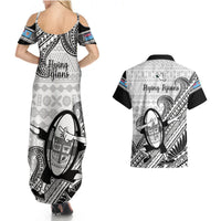 Fiji Tapa Rugby Couples Matching Summer Maxi Dress and Hawaiian Shirt Flying Fijian 2023 World Cup With Dabbing Ball LT14 - Polynesian Pride