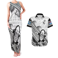 Fiji Tapa Rugby Couples Matching Tank Maxi Dress and Hawaiian Shirt Flying Fijian 2023 World Cup With Dabbing Ball LT14 White - Polynesian Pride