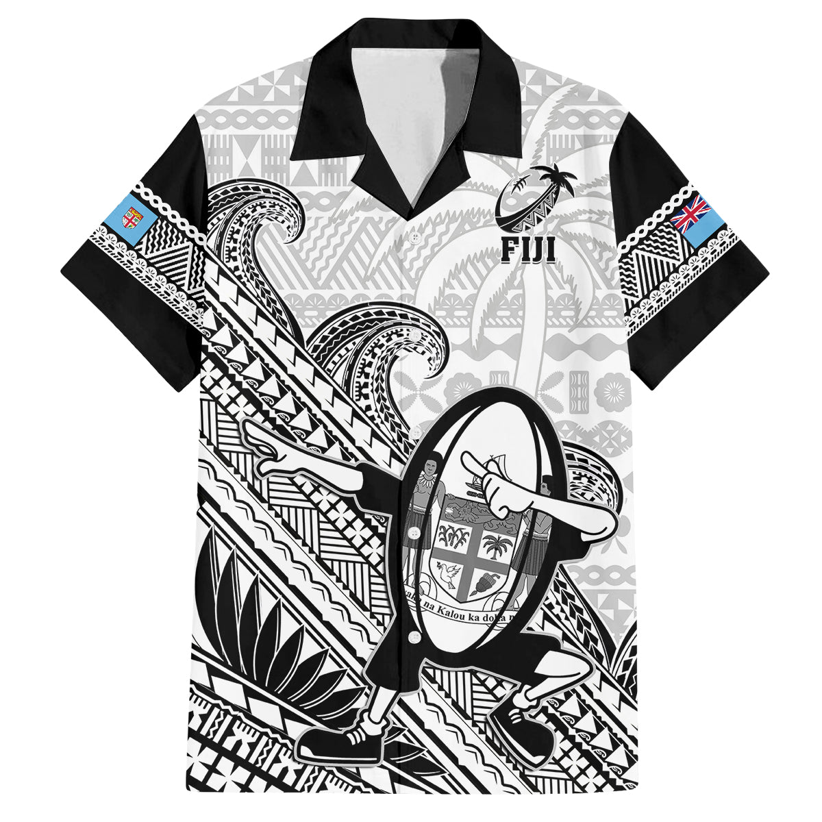 Fiji Tapa Rugby Family Matching Long Sleeve Bodycon Dress and Hawaiian Shirt Flying Fijian 2023 World Cup With Dabbing Ball LT14 Dad's Shirt - Short Sleeve White - Polynesian Pride