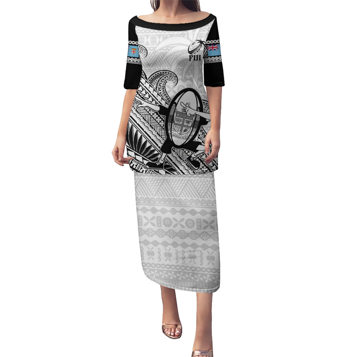 Fiji Tapa Rugby Family Matching Puletasi Dress and Hawaiian Shirt Flying Fijian 2023 World Cup With Dabbing Ball LT14 Mom's Dress White - Polynesian Pride