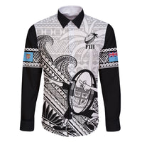 Fiji Tapa Rugby Family Matching Summer Maxi Dress and Hawaiian Shirt Flying Fijian 2023 World Cup With Dabbing Ball LT14 Dad's Shirt - Long Sleeve White - Polynesian Pride