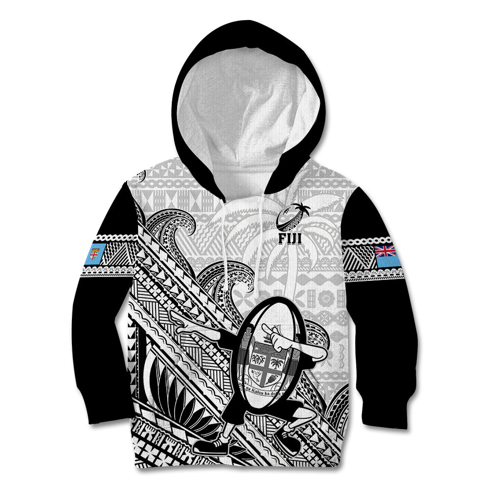 Fiji Tapa Rugby Kid Hoodie Flying Fijian 2023 World Cup With Dabbing Ball LT14 White - Polynesian Pride