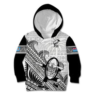 Fiji Tapa Rugby Kid Hoodie Flying Fijian 2023 World Cup With Dabbing Ball LT14 White - Polynesian Pride