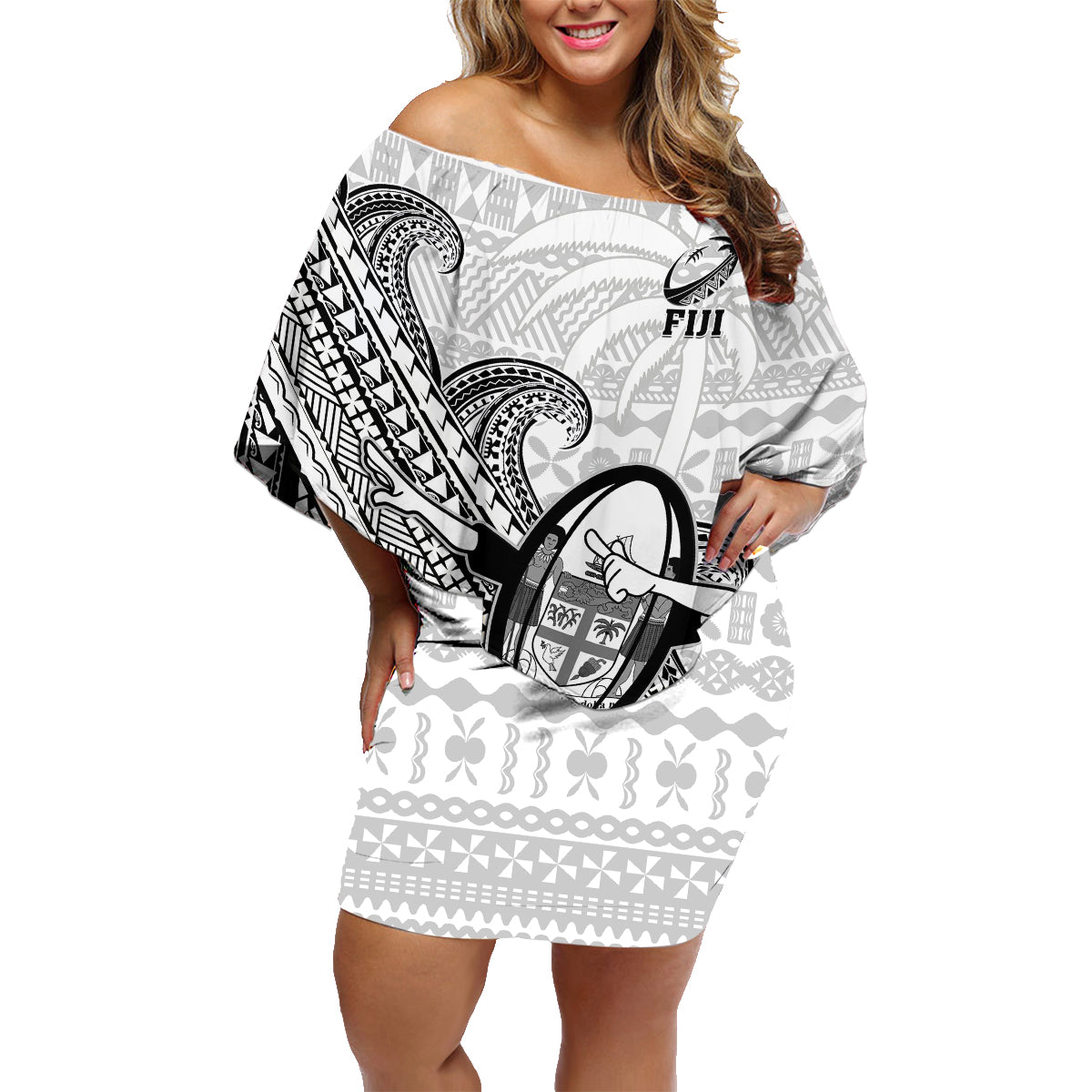 Custom Fiji Tapa Rugby Family Matching Off Shoulder Short Dress and Hawaiian Shirt Flying Fijian 2023 World Cup With Dabbing Ball LT14 Mom's Dress White - Polynesian Pride