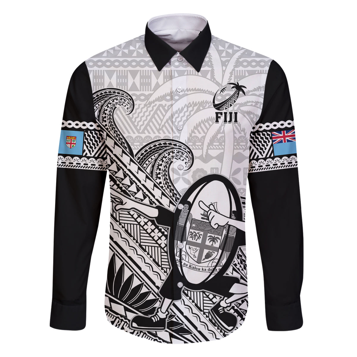 Custom Fiji Tapa Rugby Family Matching Puletasi Dress and Hawaiian Shirt Flying Fijian 2023 World Cup With Dabbing Ball LT14 Dad's Shirt - Long Sleeve White - Polynesian Pride