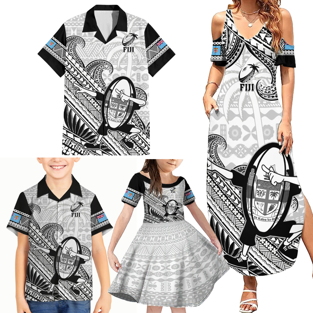 Custom Fiji Tapa Rugby Family Matching Summer Maxi Dress and Hawaiian Shirt Flying Fijian 2023 World Cup With Dabbing Ball LT14 - Polynesian Pride