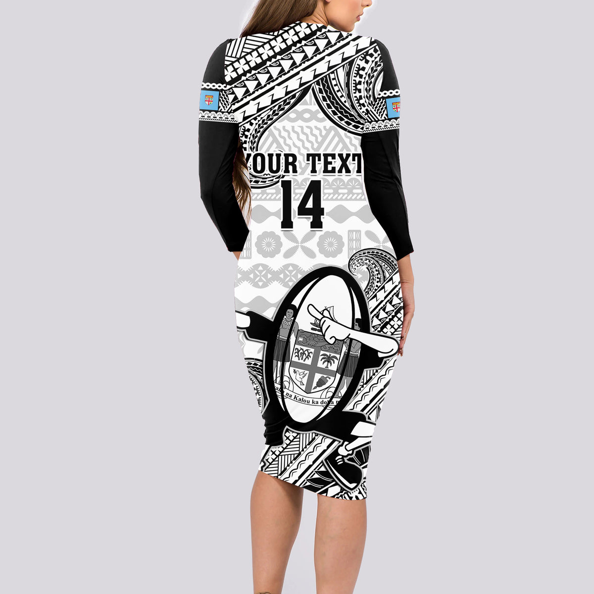 Custom Fiji Tapa Rugby Long Sleeve Bodycon Dress Flying Fijian 2023 World Cup With Dabbing Ball LT14 - Polynesian Pride