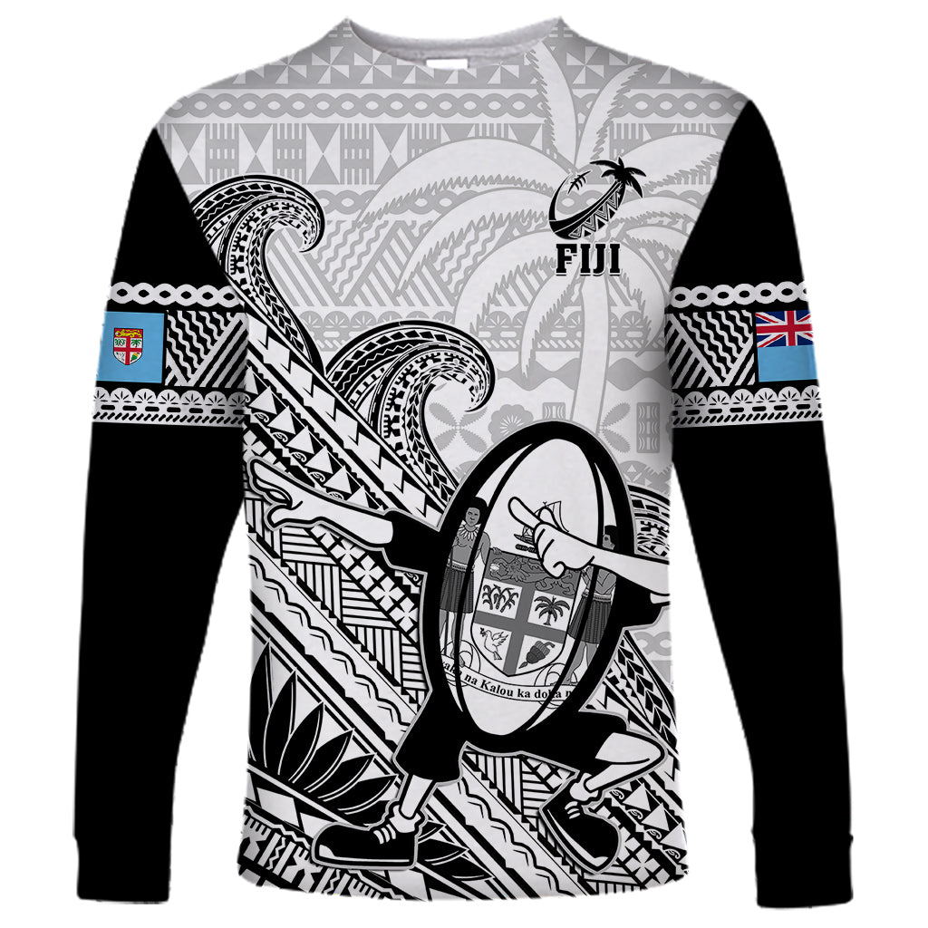 Custom Fiji Tapa Rugby Long Sleeve Shirt Flying Fijian 2023 World Cup With Dabbing Ball LT14 Unisex White - Polynesian Pride