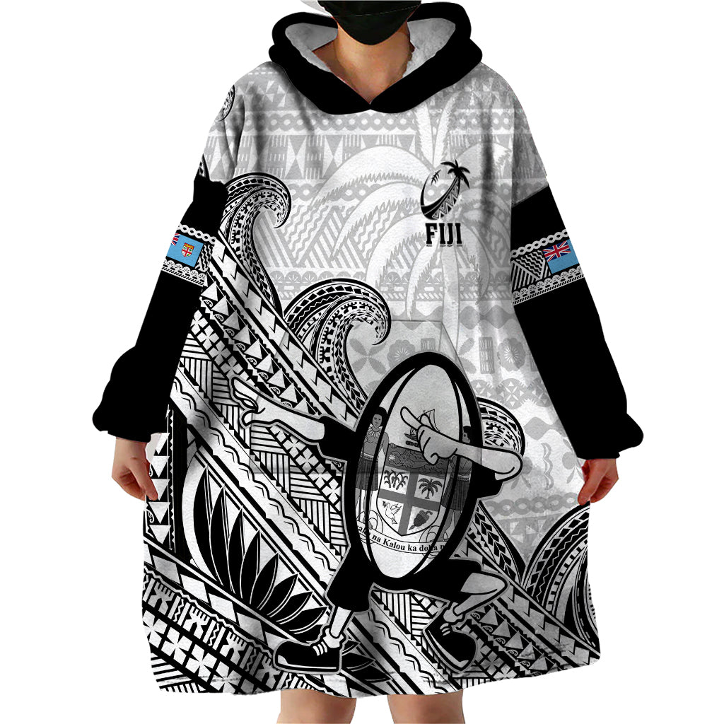Custom Fiji Tapa Rugby Wearable Blanket Hoodie Flying Fijian 2023 World Cup With Dabbing Ball LT14 - Polynesian Pride
