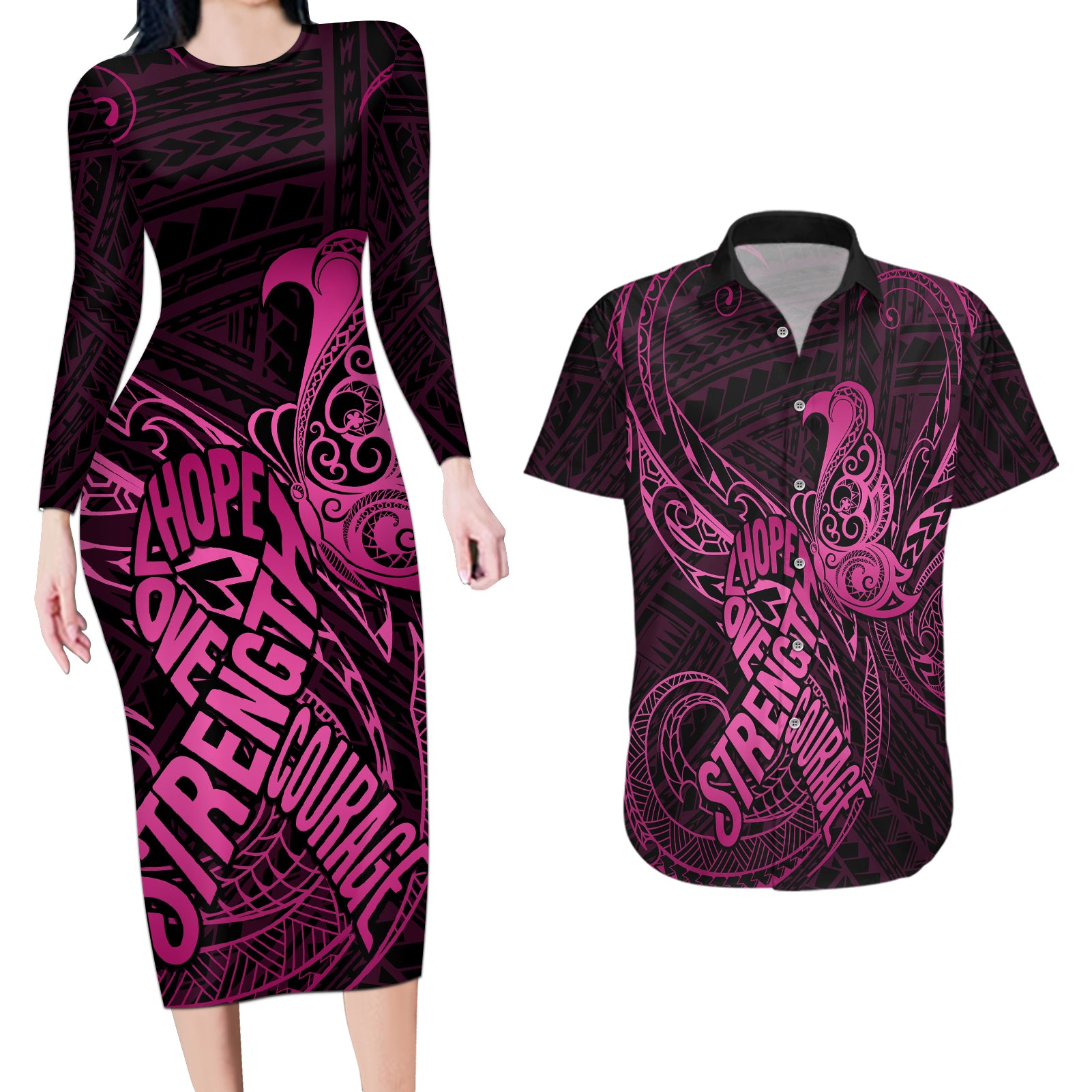 Polynesia Breast Cancer Awareness Couples Matching Long Sleeve Bodycon Dress and Hawaiian Shirt No One Fights Alone Pink Ribbon With Butterfly LT14 Pink - Polynesian Pride