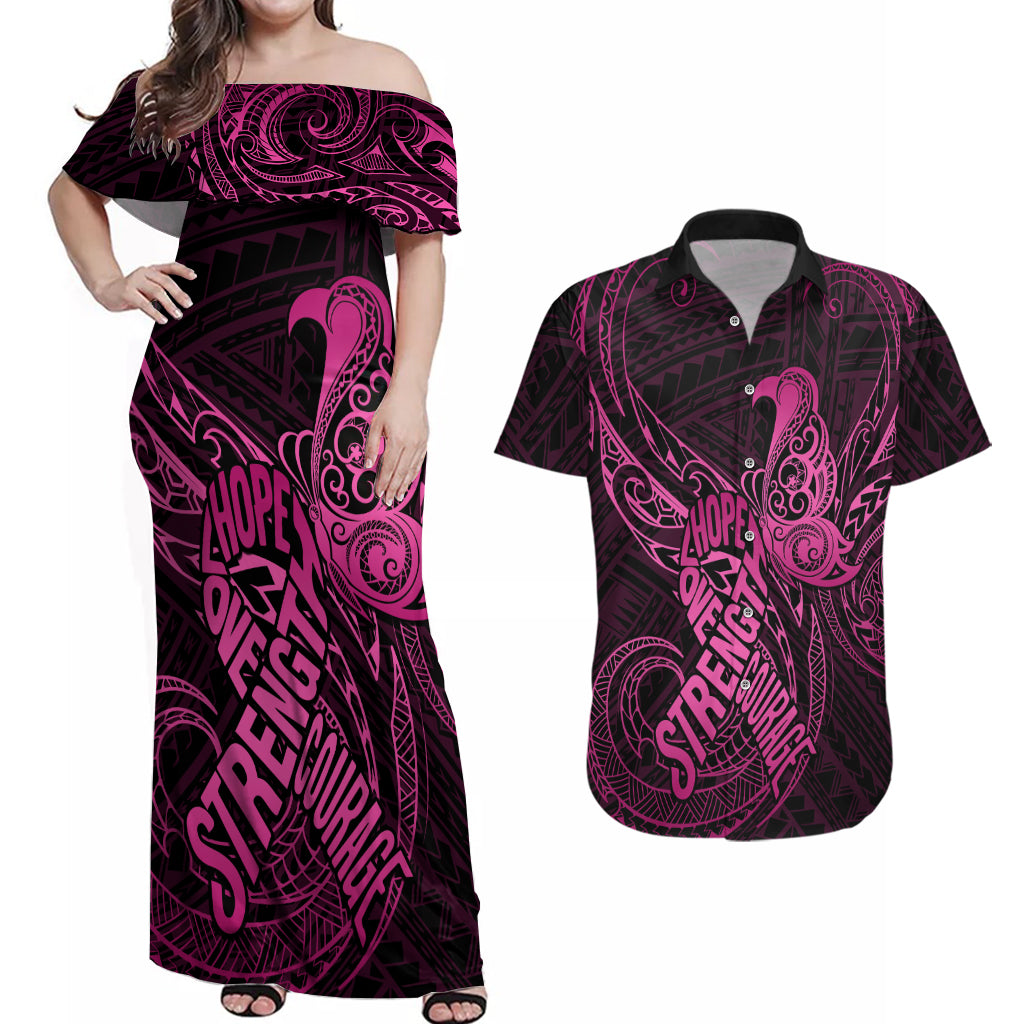 Polynesia Breast Cancer Awareness Couples Matching Off Shoulder Maxi Dress and Hawaiian Shirt No One Fights Alone Pink Ribbon With Butterfly LT14 Pink - Polynesian Pride