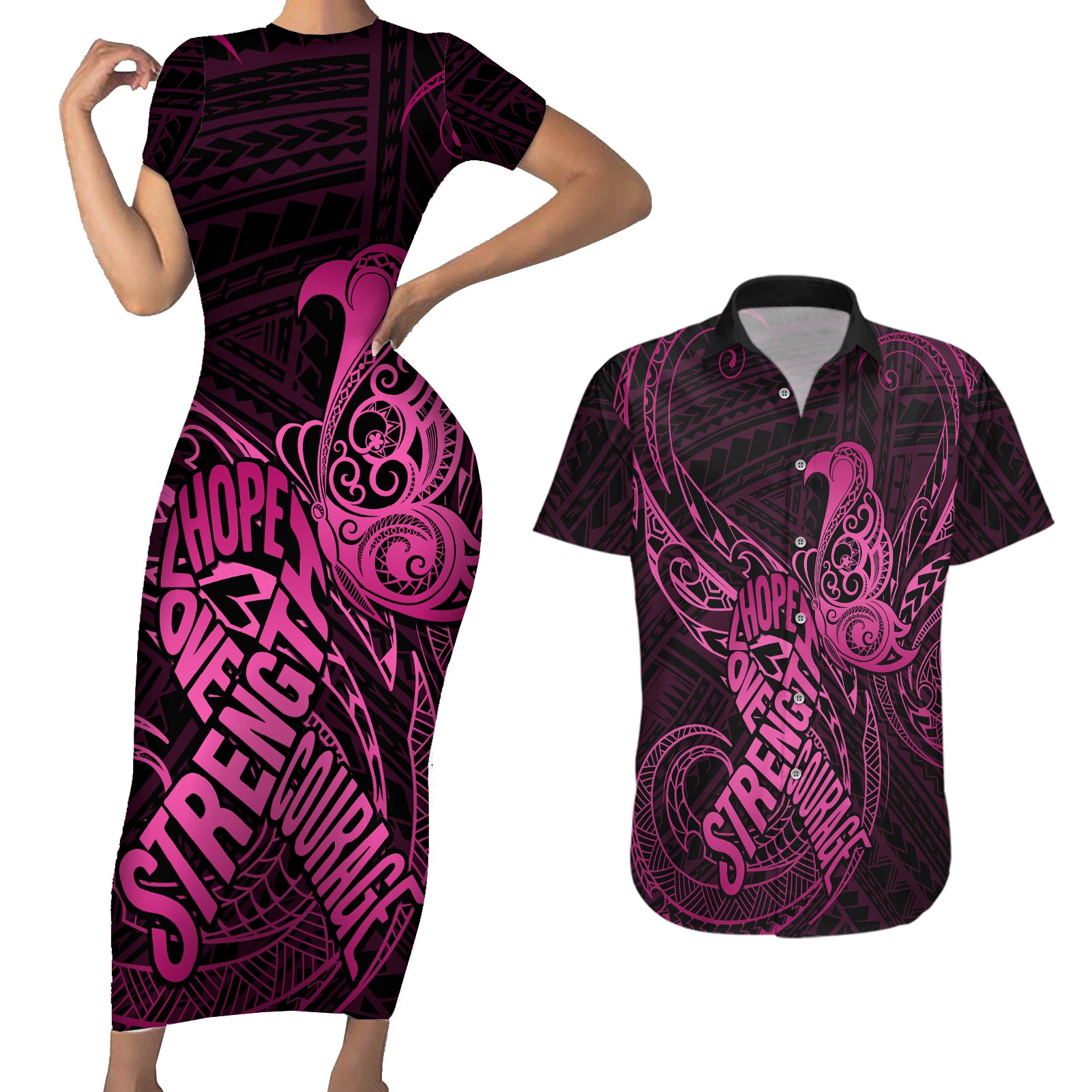 Polynesia Breast Cancer Awareness Couples Matching Short Sleeve Bodycon Dress and Hawaiian Shirt No One Fights Alone Pink Ribbon With Butterfly LT14 Pink - Polynesian Pride