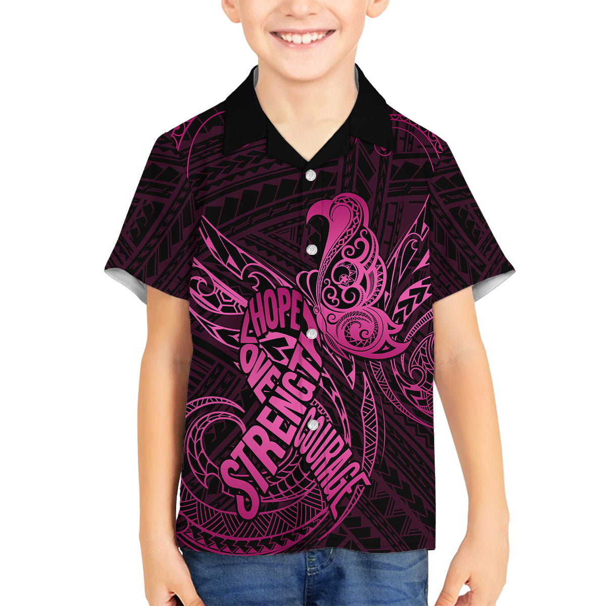 Polynesia Breast Cancer Awareness Family Matching Mermaid Dress and Hawaiian Shirt No One Fights Alone Pink Ribbon With Butterfly LT14 Son's Shirt Pink - Polynesian Pride