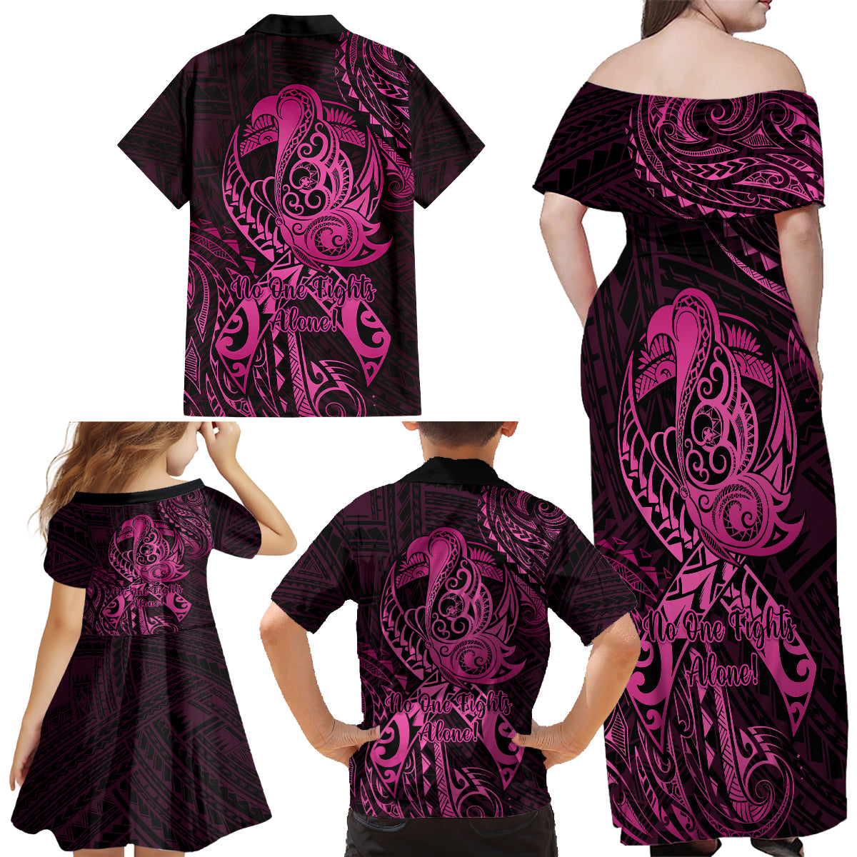 Polynesia Breast Cancer Awareness Family Matching Off Shoulder Long Sleeve Dress and Hawaiian Shirt No One Fights Alone Pink Ribbon With Butterfly LT14 - Polynesian Pride