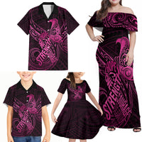 Polynesia Breast Cancer Awareness Family Matching Off Shoulder Maxi Dress and Hawaiian Shirt No One Fights Alone Pink Ribbon With Butterfly LT14 - Polynesian Pride