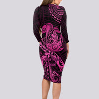 Polynesia Breast Cancer Awareness Long Sleeve Bodycon Dress No One Fights Alone Pink Ribbon With Butterfly LT14 - Polynesian Pride